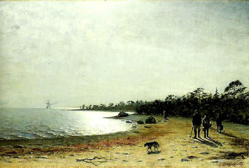 Eugene Jansson kustlandskap med figurer och hund pa sandstrand Spain oil painting art